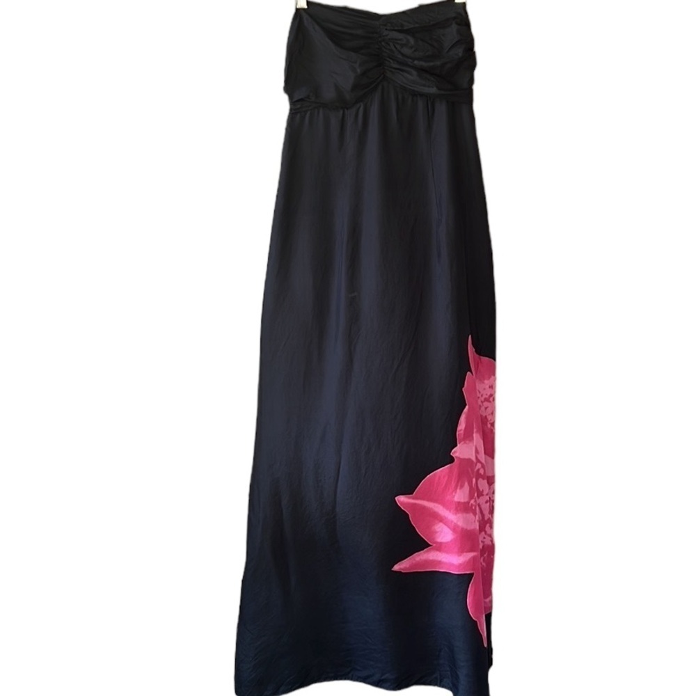 Express Y2K Vtg 100% Silk Black Strapless Maxi Dress Pink Flower SzS Fairygoth